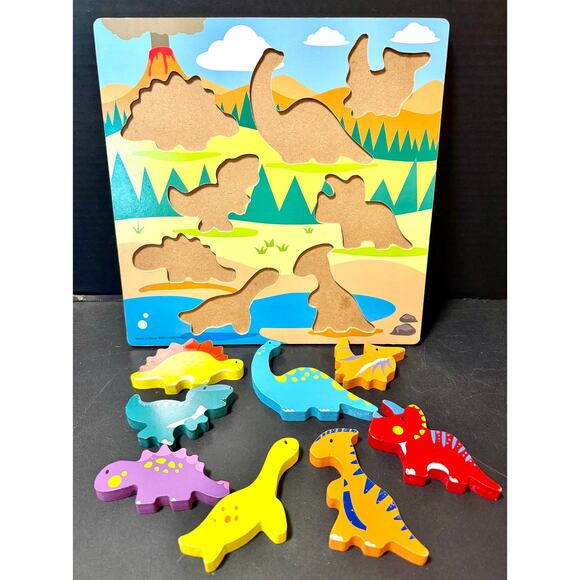 Wooden Arts Raised Chunky Dinosaurs Preschool 8 Pieces Wood TRAY Puzzle Colorful - Picture 3 of 3